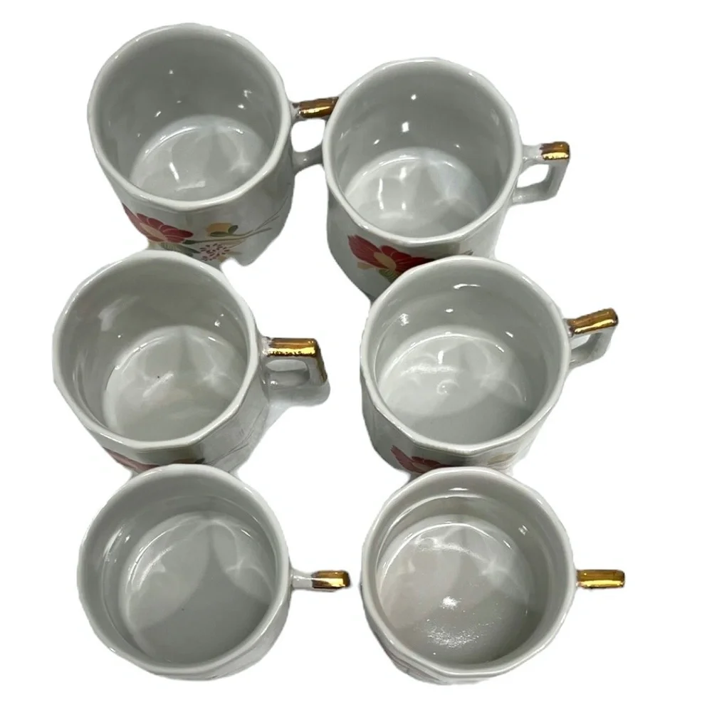 VINTAGE WAHBEH OF CHINA RED FLORAL LUSTERWARE CUPS & SAUCERS - SET OF 6